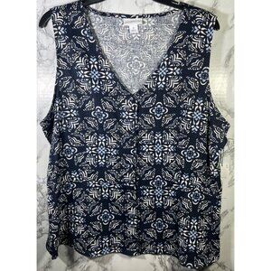 Liz Claiborne Navy Floral Print Sleeveless Top XL Linen Rayon